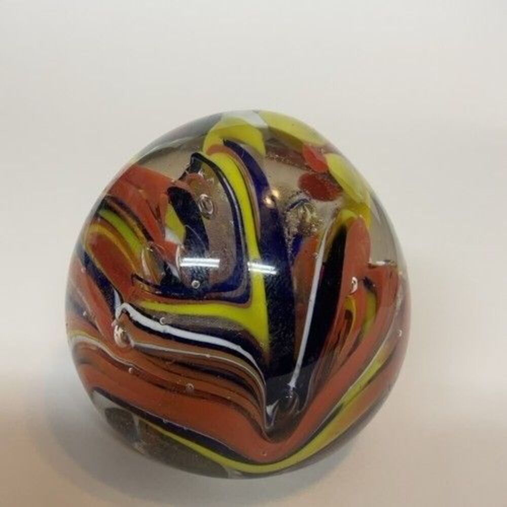 Vintage Art Glass Orange/Yellow/Blue Swirls Paperweight Sculpture 2.5"β
